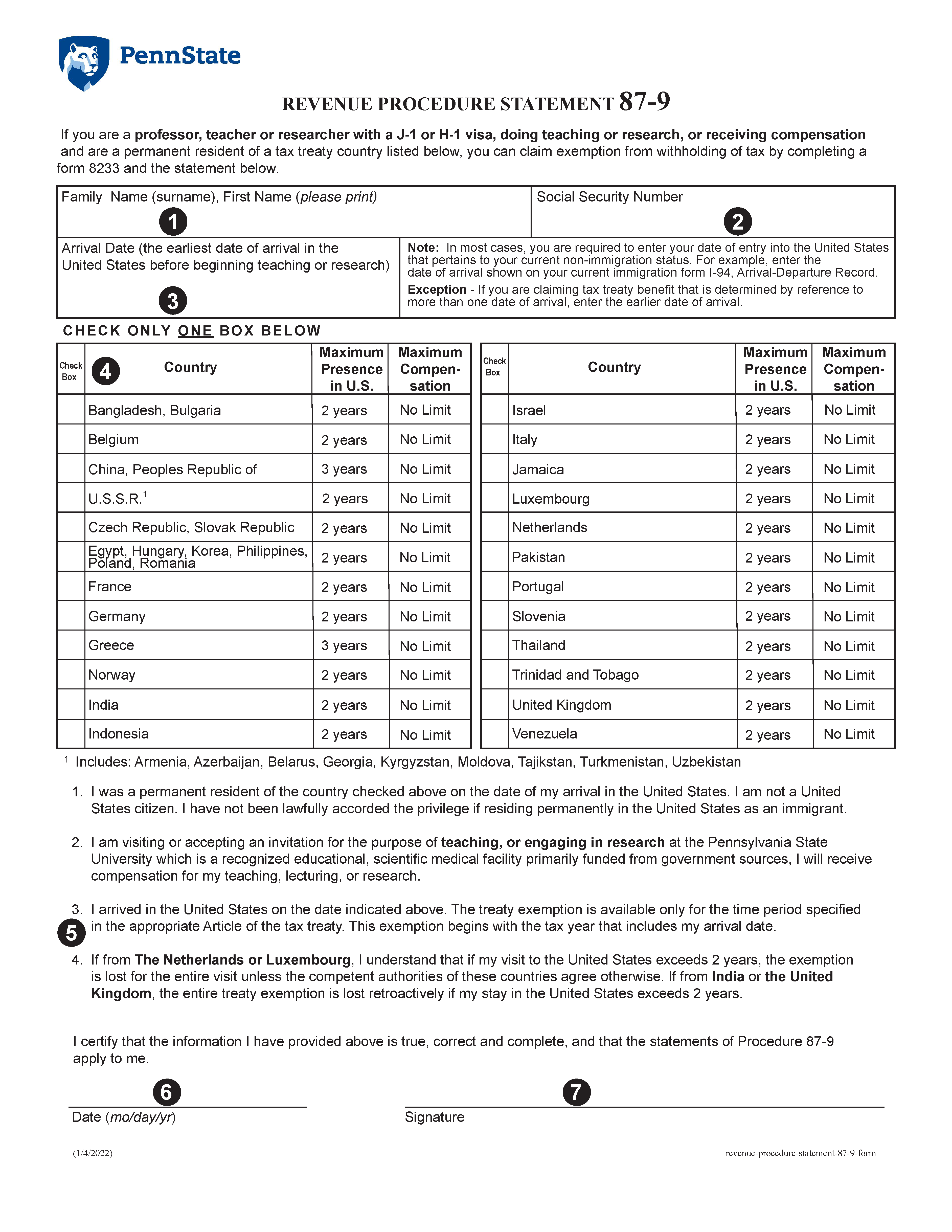 Image of Revenue Procedure Statement 87-9 Form Exhibit